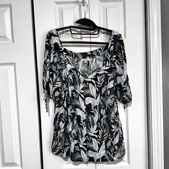 Angels Tops - Angels Navy and White Leaf Print Blouse